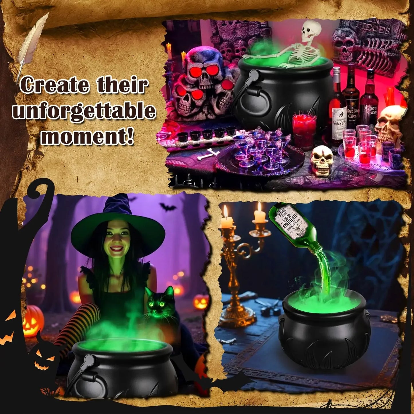 LED Fog Witch Cauldron with Floating Bottles – Spooky Halloween Party Decor